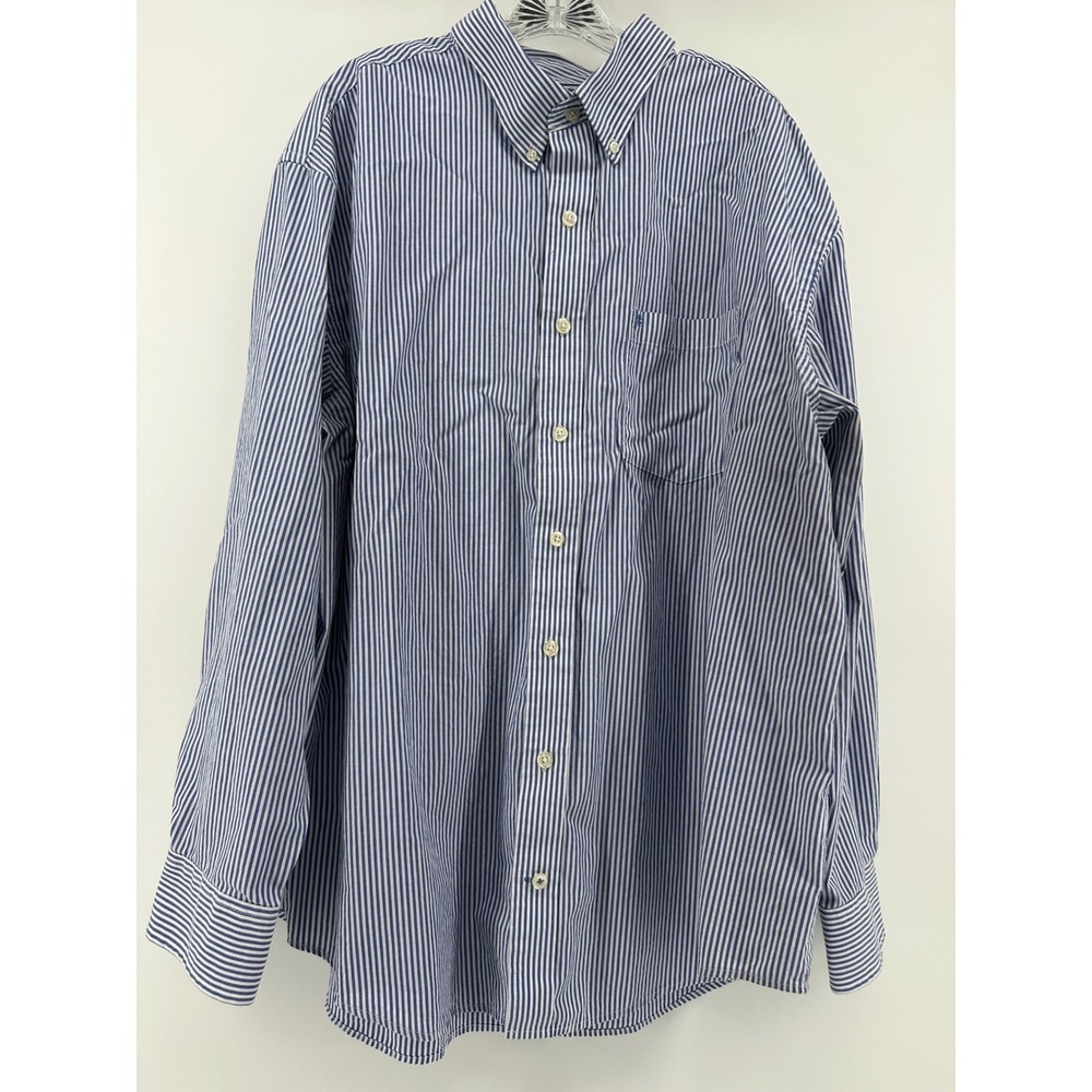 IZOD Premium Essentials Mens 2XL Blue White Striped Button Down Shirt Cotton